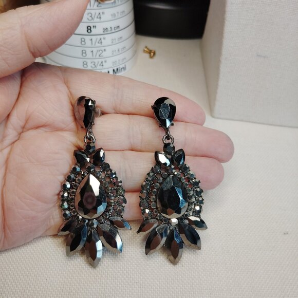 Dark Gray Rhinestone Crystal Chandelier Drop Earrings 3 Inch Statement - Picture 4 of 6